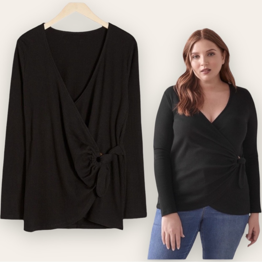 ADDITION ELLE - Tie-Front, D-Ring Ribbed Black Top